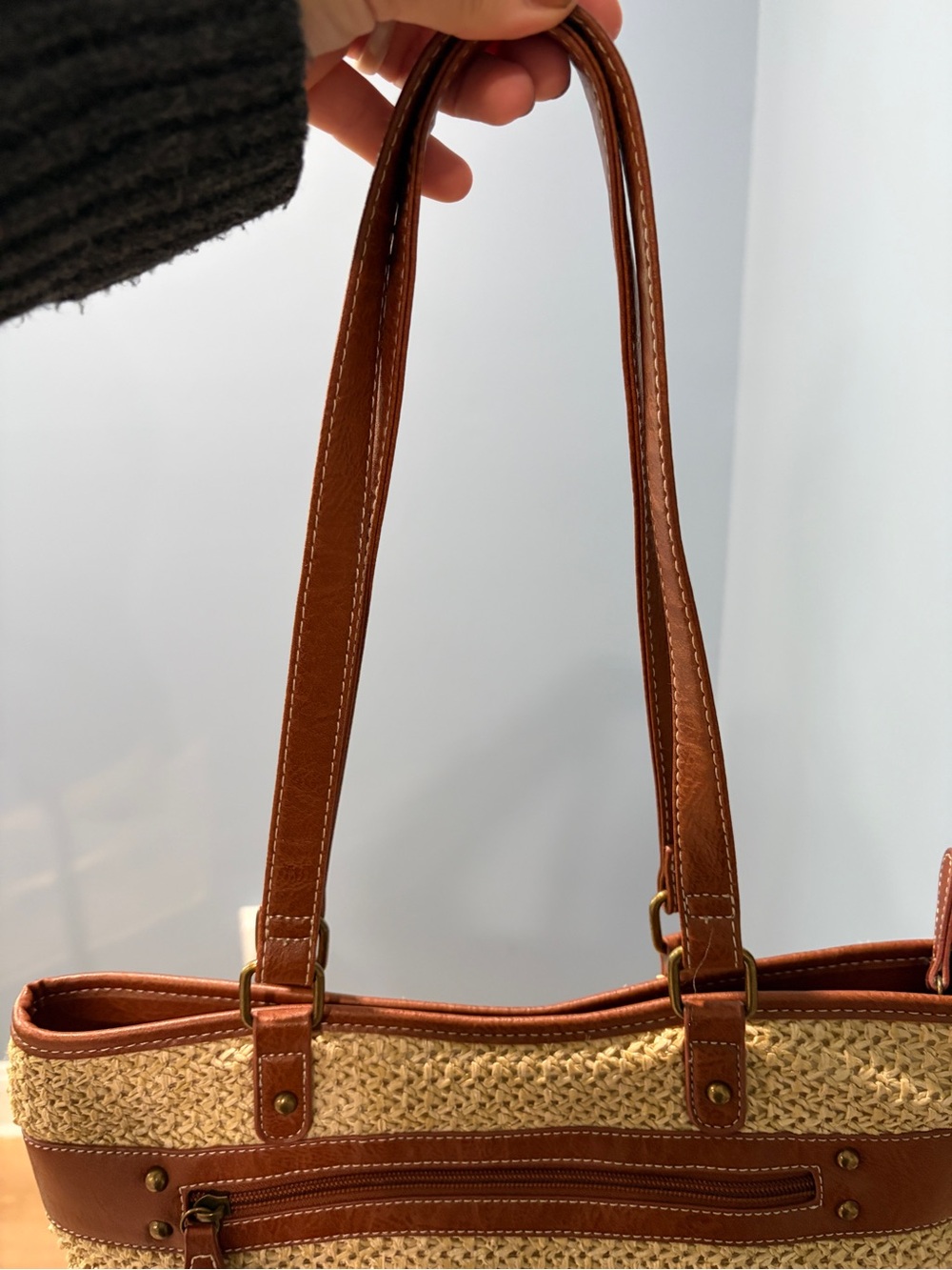 Stone Mountain Straw Woven Tote Bag Cognac Brown Faux Leather Beach Shoulder - Picture 8 of 8